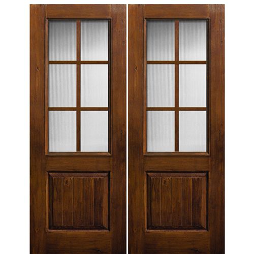 96" Tall 2/3 Lite SDL, 4 Lite Fiberglass Double Entry Door with Knotty Alder Wood Grain