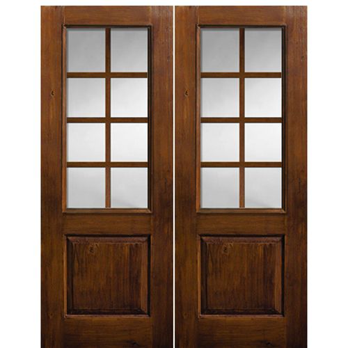 96" Tall 2/3 Lite SDL, 8 Lite Fiberglass Entry Double Doors with Knotty Alder Wood Grain