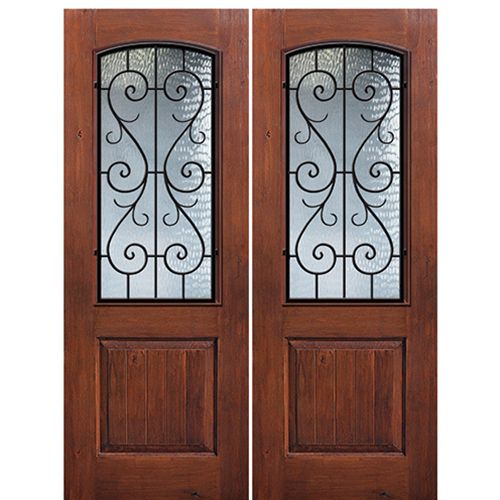 1 Panel Arch Lite St. Charles, Knotty Alder Wood Grain Fiberglass Double Entry Door