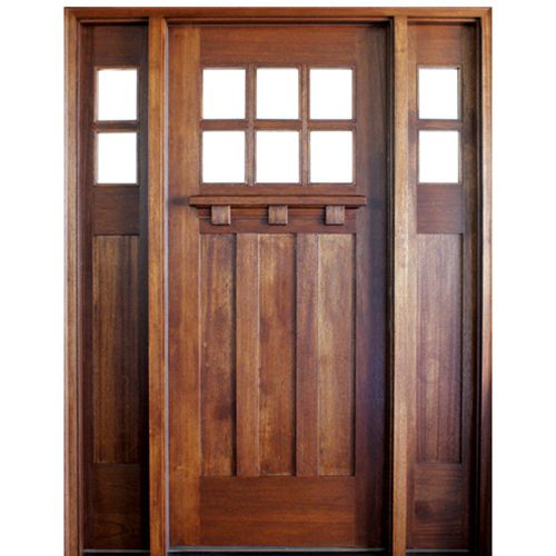 Craftsman Style Mahogany 6-Lite Entry Door with Matching Sidelites and Clear Beveled Low-E Glass