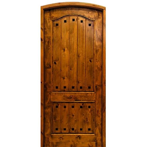 Pre-hung 42"x96"x2-1/4" Arch Top Knotty Alder 2-Panel Eyebrow Top Panel with Clavos