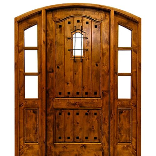 Pre-hung 42"x96"x2-1/4" Knotty Alder Arch Top 2-Panel Entry Door with 16" Matching Sidelites, Speakeasy and Clavos