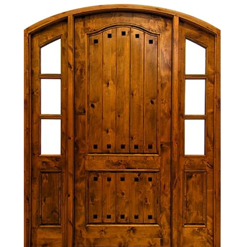 Pre-hung 42"x96"x2-1/4" Knotty Alder Arch Top 2-Panel Entry Door with 16" Matching Sidelites and Clavos