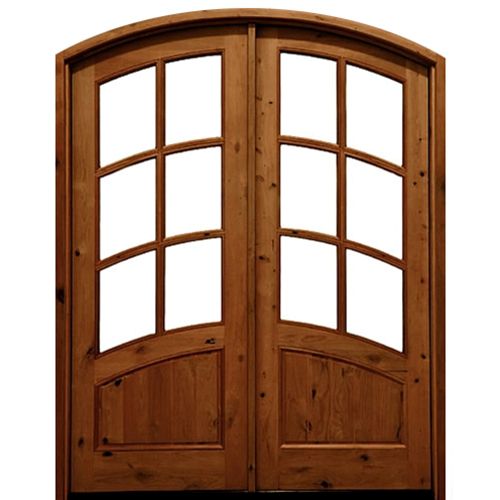 Pre-hung 6-Lite TDL Knotty Alder Double Doors Eyebrow Radius Top with Grooved Bottom Panel and Clear Beveled Glass