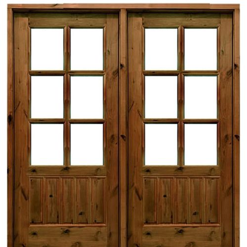 Knotty Alder 6-Lite TDL Double Door Unit with Grooved Bottom Panel and Clear Beveled Glass