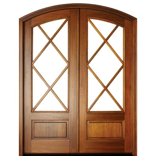 Pre-hung Unique Diamond Shaped True Divided 7-Lite Eyebrow Radius Top Mahogany Double Doors