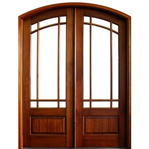 Pre-hung Eyebrow Radius True Divided 9-Lite Mission Style Mahogany Double Entry Doors