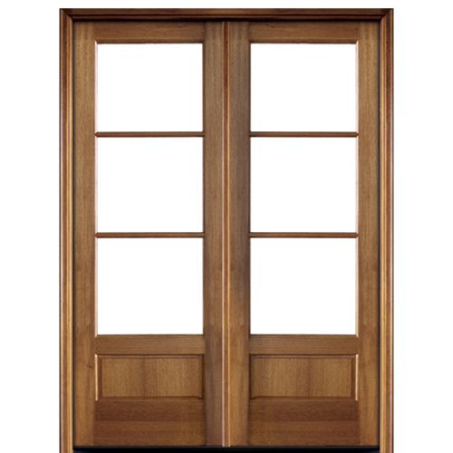 3-Lite TDL Mahogany Double Entry Door with Clear Beveled Low-E Glass