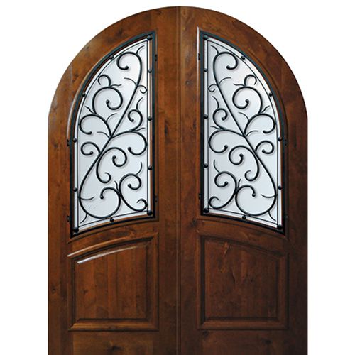 8'-0" Tall Knotty Alder Round Top Double Doors with Bellagio Wrought Iron Grille