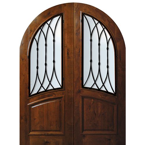 8'-0" Tall Knotty Alder Round Top Double Doors with Warwick Wrought Iron Grille