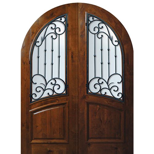 8'-0" Tall Knotty Alder Round Top Double Doors with Catalina Wrought Iron Grille