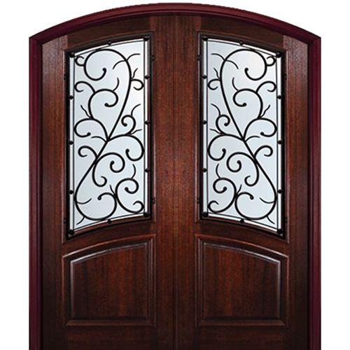 8'-0" Tall Mahogany Arch Top Double Doors with Bellagio Wrought Iron Grille