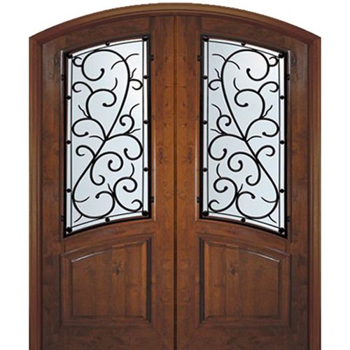 8'-0" Tall Knotty Alder Arch Top Double Doors with Bellagio Wrought Iron Grille