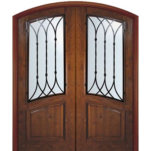 8'-0" Tall Knotty Alder Arch Top Double Doors with Warwick Wrought Iron Grille