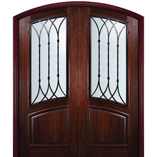 8'-0" Tall Mahogany Arch Top Double Doors with Warwick Wrought Iron Grille