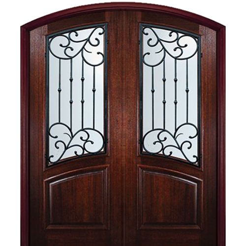 8'-0" Tall Mahogany Arch Top Double Doors with Catalina Wrought Iron Grille