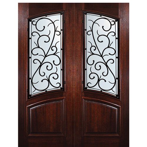 8'-0" Tall Mahogany Square Top Arch Lite Double Doors with Bellagio Wrought Iron Grille