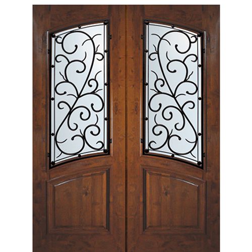 8'-0" Tall Knotty Alder Square Top Arch Lite Double Doors with Bellagio Wrought Iron Grille