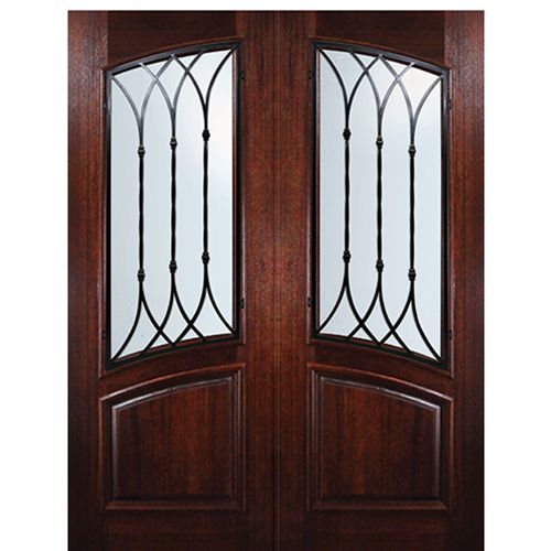 8'-0" Tall Mahogany Square Top Arch Lite Double Doors with Warwick Wrought Iron Grille