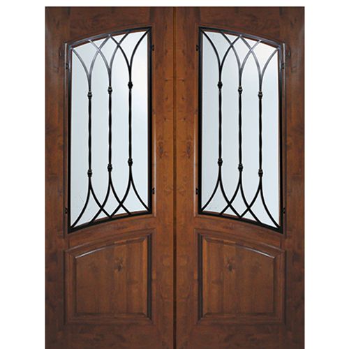 8'-0" Tall Knotty Alder Square Top Arch Lite Double Doors with Warwick Wrought Iron Grille