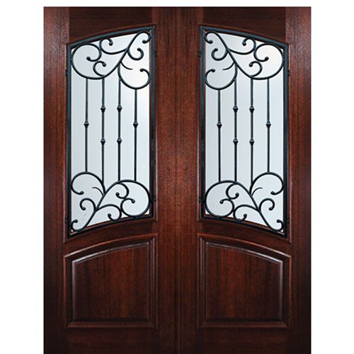 8'-0" Tall Mahogany Square Top Arch Lite Double Doors with Catalina Wrought Iron Grille