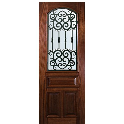 8'-0" Tall Mahogany Arch Lite Door with Barcelona Wrought Iron Grille