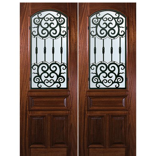 8'-0" Tall Mahogany Arch Lite Double Doors with Barcelona Wrought Iron Grille