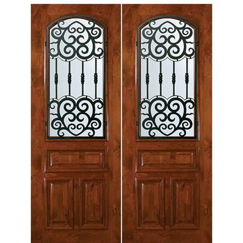 8'-0" Tall Knotty Alder Arch Lite Double Doors with Barcelona Wrought Iron Grille