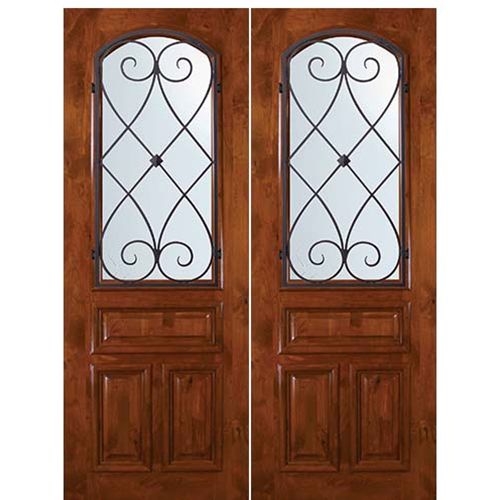 8'-0" Tall Knotty Alder Arch Lite Double Doors with Charleston Wrought Iron Grille