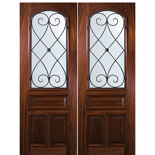 8'-0" Tall Mahogany Arch Lite Double Doors with Charleston Wrought Iron Grille