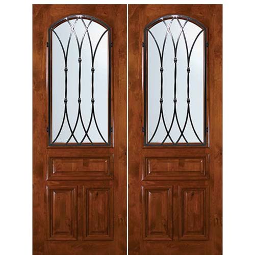 8'-0" Tall Knotty Alder Arch Lite Double Doors with Warwick Wrought Iron Grille