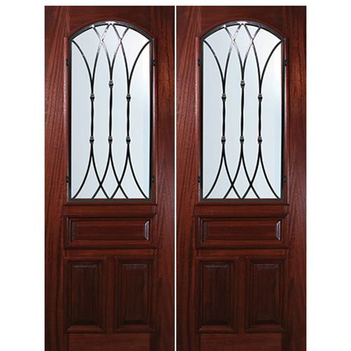 8'-0" Tall Mahogany Arch Lite Double Doors with Warwick Wrought Iron Grille