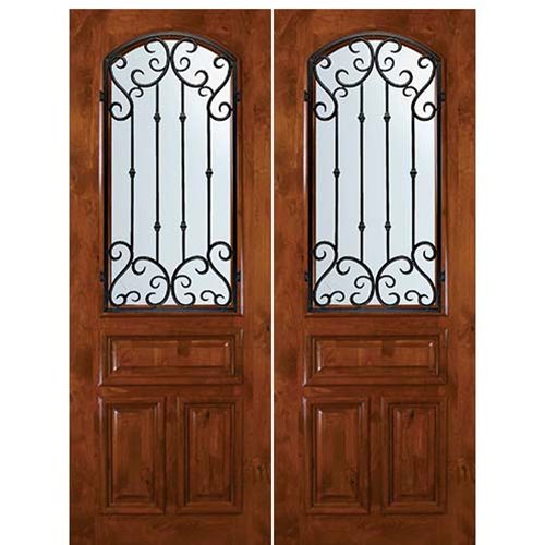 8'-0" Tall Knotty Alder Arch Lite Double Doors with Valencia Wrought Iron Grille