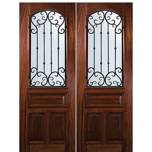 8'-0" Tall Mahogany Arch Lite Double Doors with Valencia Wrought Iron Grille