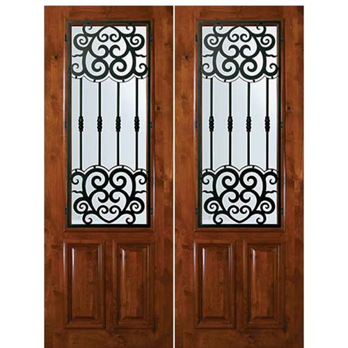 8'-0" Tall Knotty Alder 2/3 Lite Double Doors with Barcelona Wrought Iron Grille