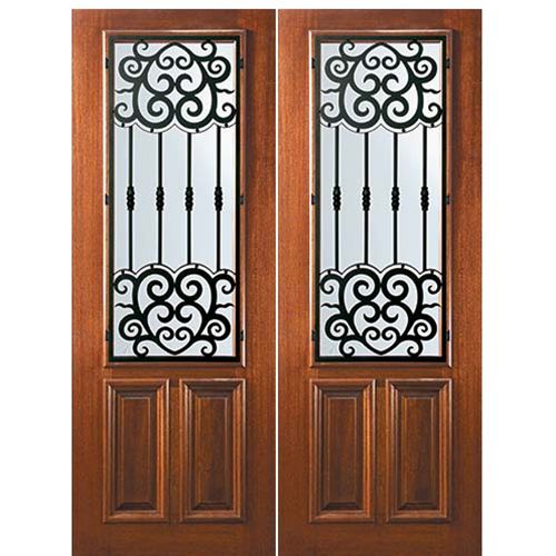 8'-0" Tall Mahogany 2/3 Lite Double Doors with Barcelona Wrought Iron Grille