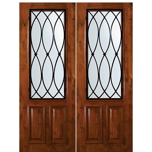 8'-0" Tall Knotty Alder 2/3 Lite Double Doors with La Salle Wrought Iron Grille