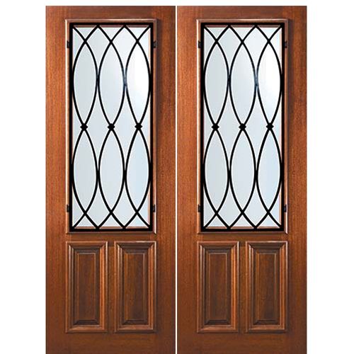 8'-0" Tall Mahogany 2/3 Lite Double Doors with La Salle Wrought Iron Grille