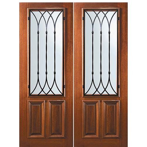 8'-0" Tall Mahogany 2/3 Lite Double Doors with Warwick Wrought Iron Grille