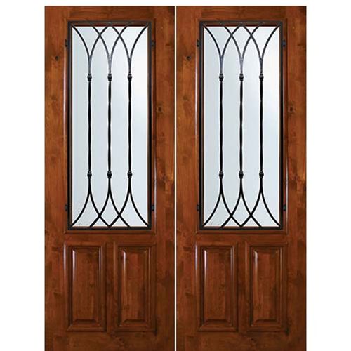 8'-0" Tall Knotty Alder 2/3 Lite Double Doors with Warwick Wrought Iron Grille