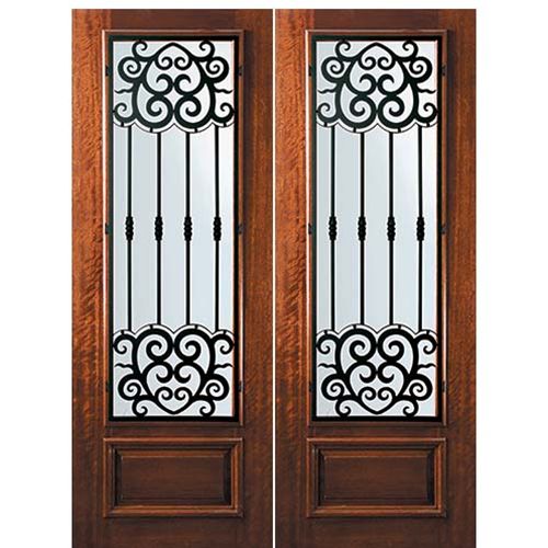 8'-0" Tall Mahogany 3/4 Lite Double Doors with Barcelona Wrought Iron Grille