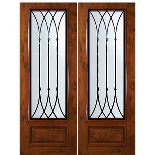 8'-0" Tall Knotty Alder 3/4 Lite Double Doors with Warwick Wrought Iron Grille