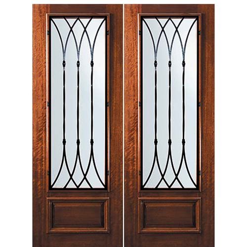 8'-0" Tall Mahogany 3/4 Lite Double Doors with Warwick Wrought Iron Grille