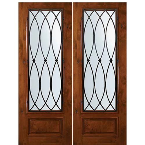 8'-0" Tall Knotty Alder 3/4 Lite Double Doors with La Salle Wrought Iron Grille