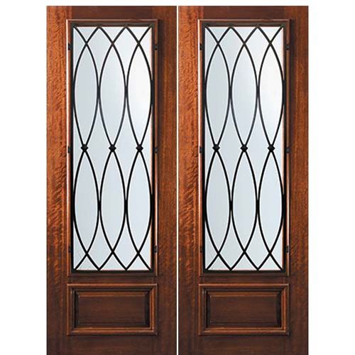 8'-0" Tall Mahogany 3/4 Lite Double Doors with La Salle Wrought Iron Grille