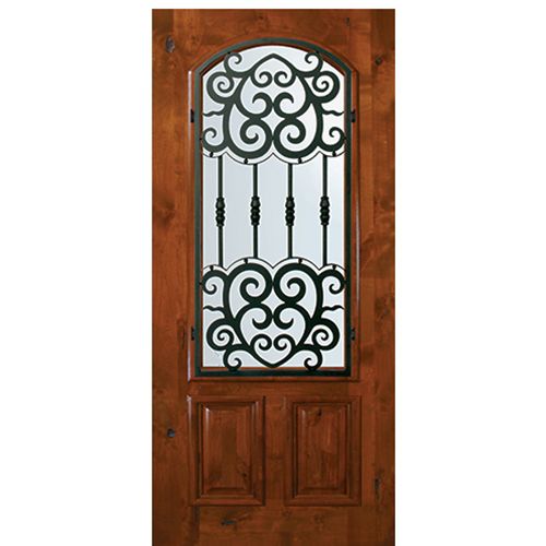 6'-8" Tall Knotty Alder Arch Lite Door with Barcelona Wrought Iron Grille