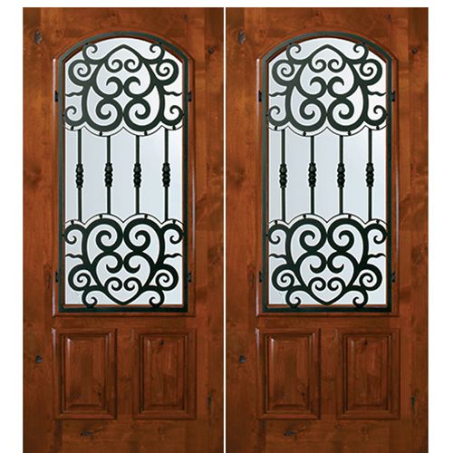 6'-8" Tall Knotty Alder Arch Lite Double Doors with Barcelona Wrought Iron Grille