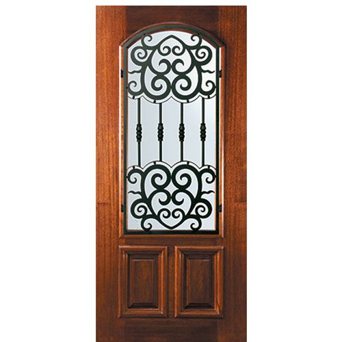 6'-8" Tall Mahogany Arch Lite Door with Barcelona Wrought Iron Grille