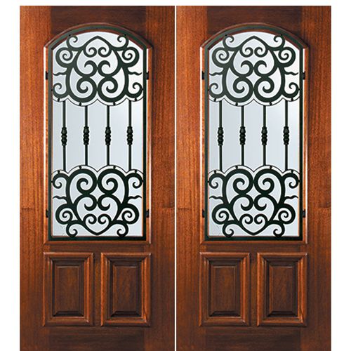 6'-8" Tall Mahogany Arch Lite Double Doors with Barcelona Wrought Iron Grille