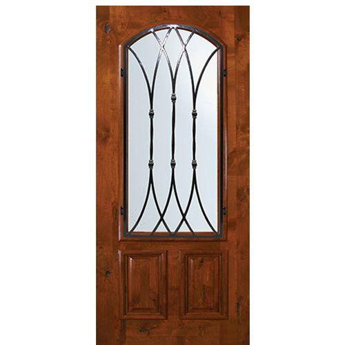 6'-8" Tall Knotty Alder Arch Lite Door with Warwick Wrought Iron Grille